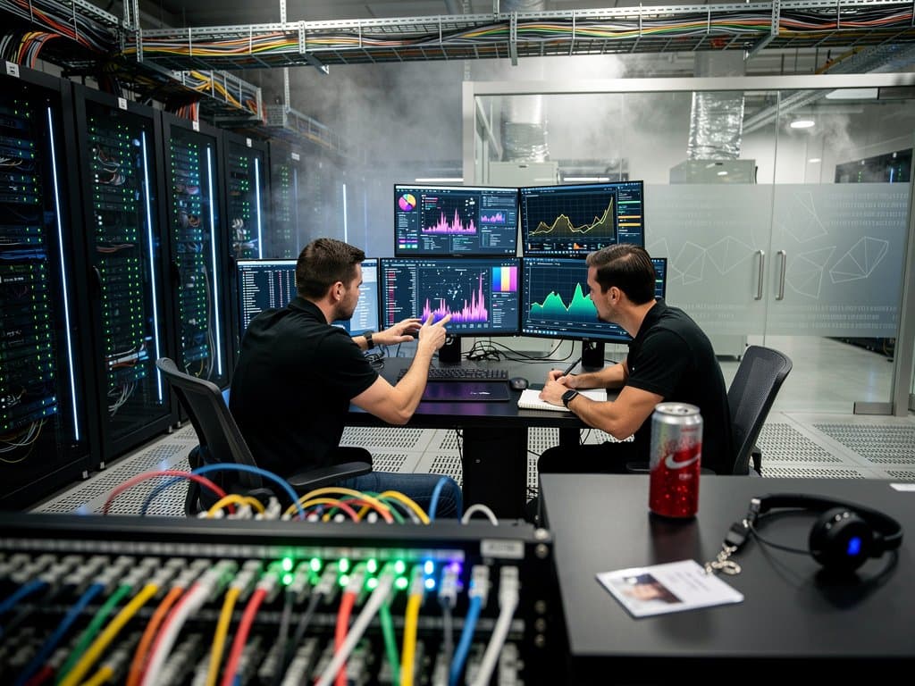 High-tech data center with server racks, Postgres dashboards, and crypto price charts highlighting efficient scaling