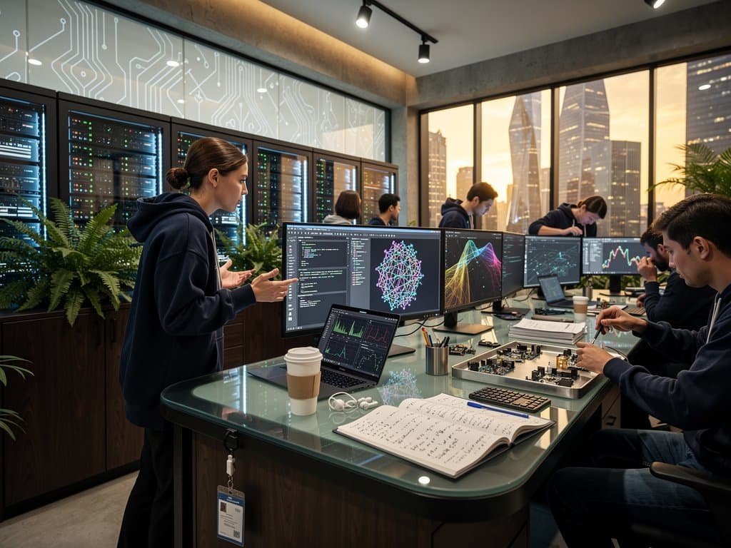 Anthropic lab engineers analyze Opus 4.7 token efficiency benchmarks on multi-screen setups in modern research environment