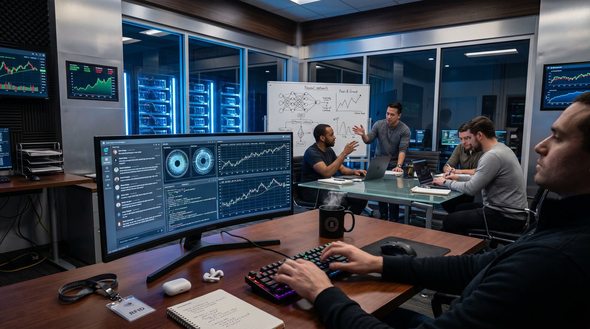 Developers in AI-blockchain lab analyze ChatGPT logs, Worldcoin scans, and crypto charts amid monitors, whiteboards, and server racks