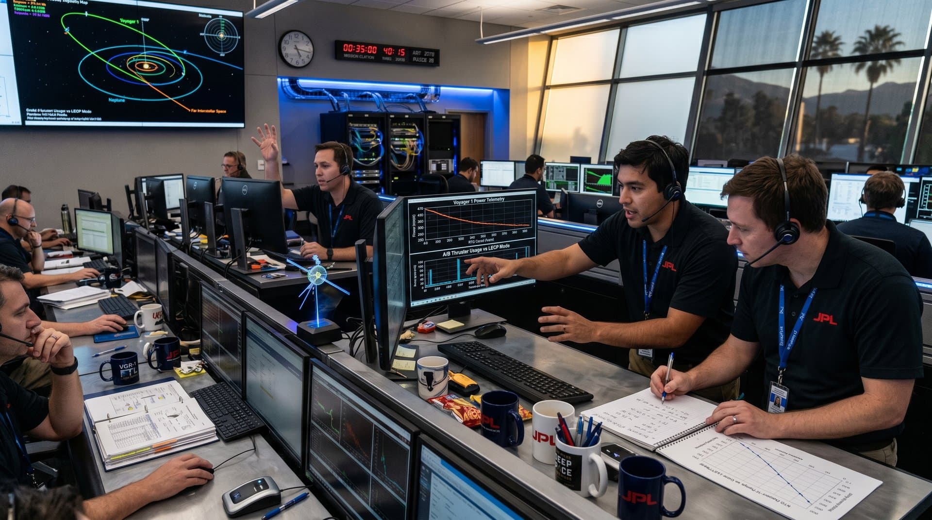 JPL mission control consoles display Voyager 1 power management telemetry graphs and deep space maps in modern control room