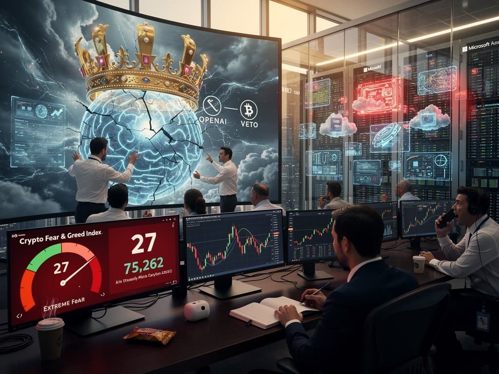 Cracked crown on AI neural network with Fear & Greed Index at 27, Bitcoin chart drop, Azure server racks in cyberpunk style