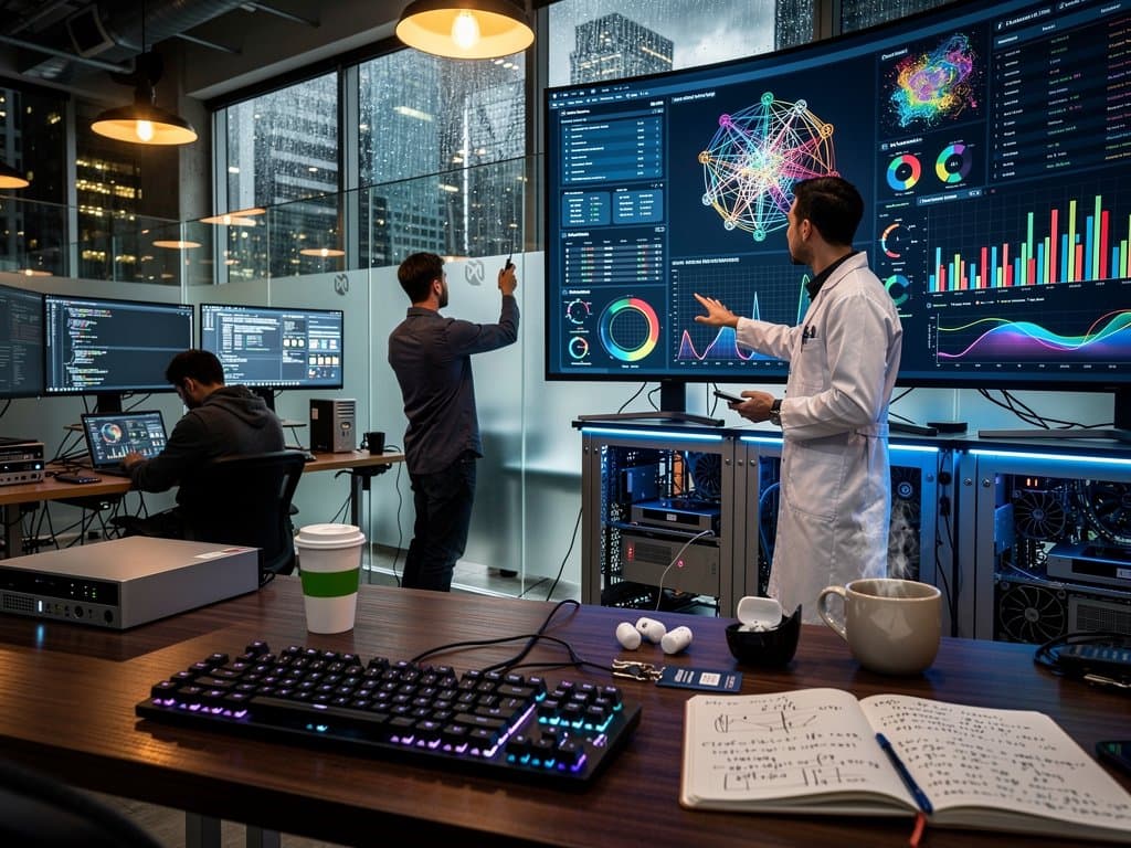 AI lab displays Opus benchmarks on monitors amid server racks and data visualizations