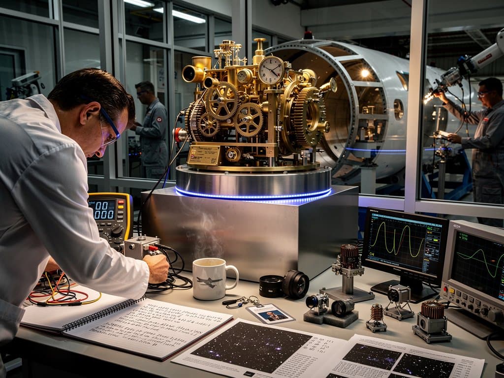 B-52 star tracker electromechanical computer in avionics lab with holographic stars, gears, tools, and modern displays