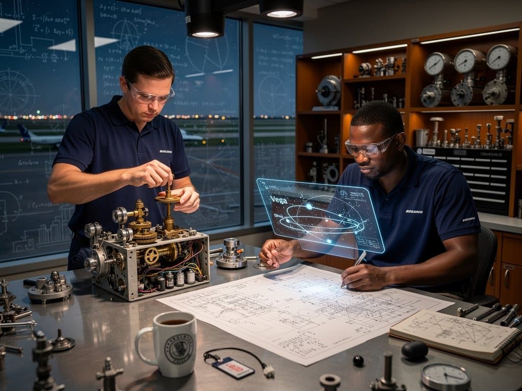 Engineers dissect B-52 star tracker electromechanical computer on workbench amid high-tech Boeing lab displays and holographic models