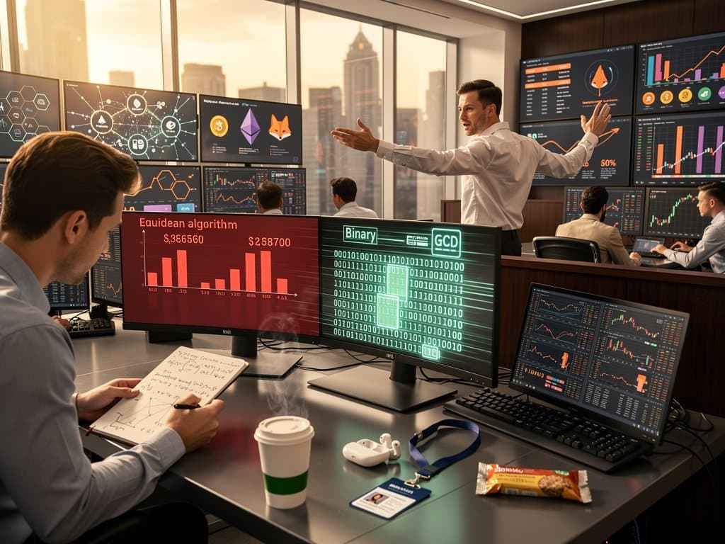 Browser demo of Binary GCD algorithm with blockchain charts and crypto prices in futuristic neon style