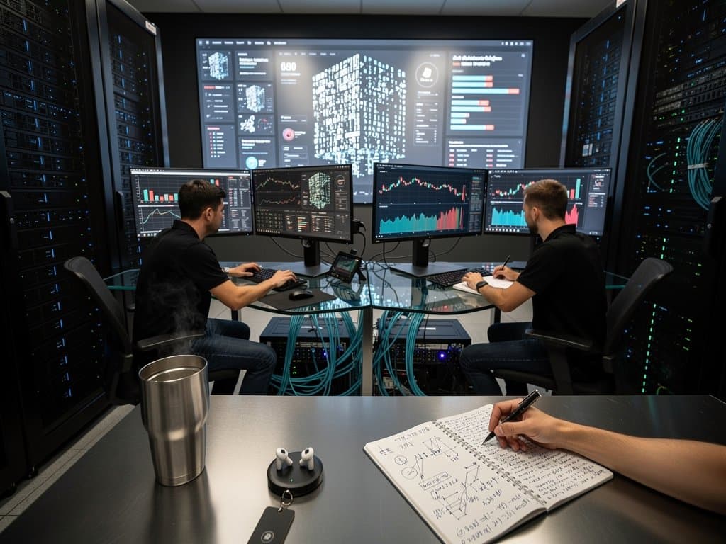Engineers at brushed aluminum consoles monitor glowing server racks in a premium privacy tech data center with underfloor cooling and multi-layer displays