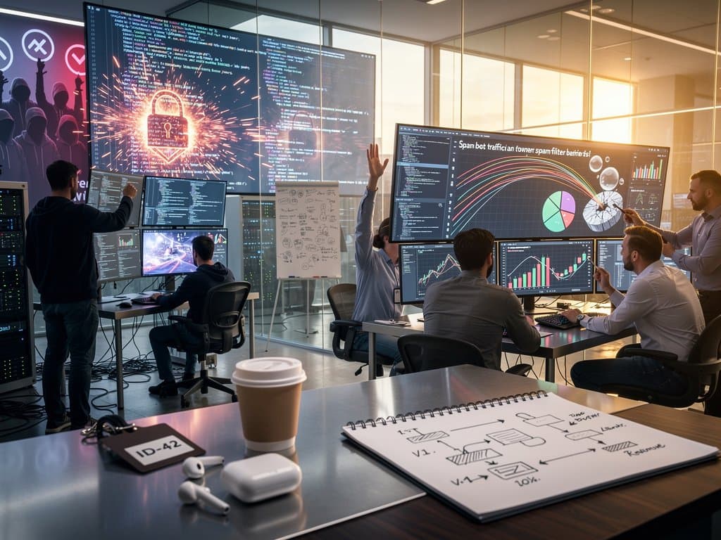 Abstract cyberpunk illustration of WordPress power struggle with code clashes, Akismet shields, financial graphs, and spam defense in neon tech style