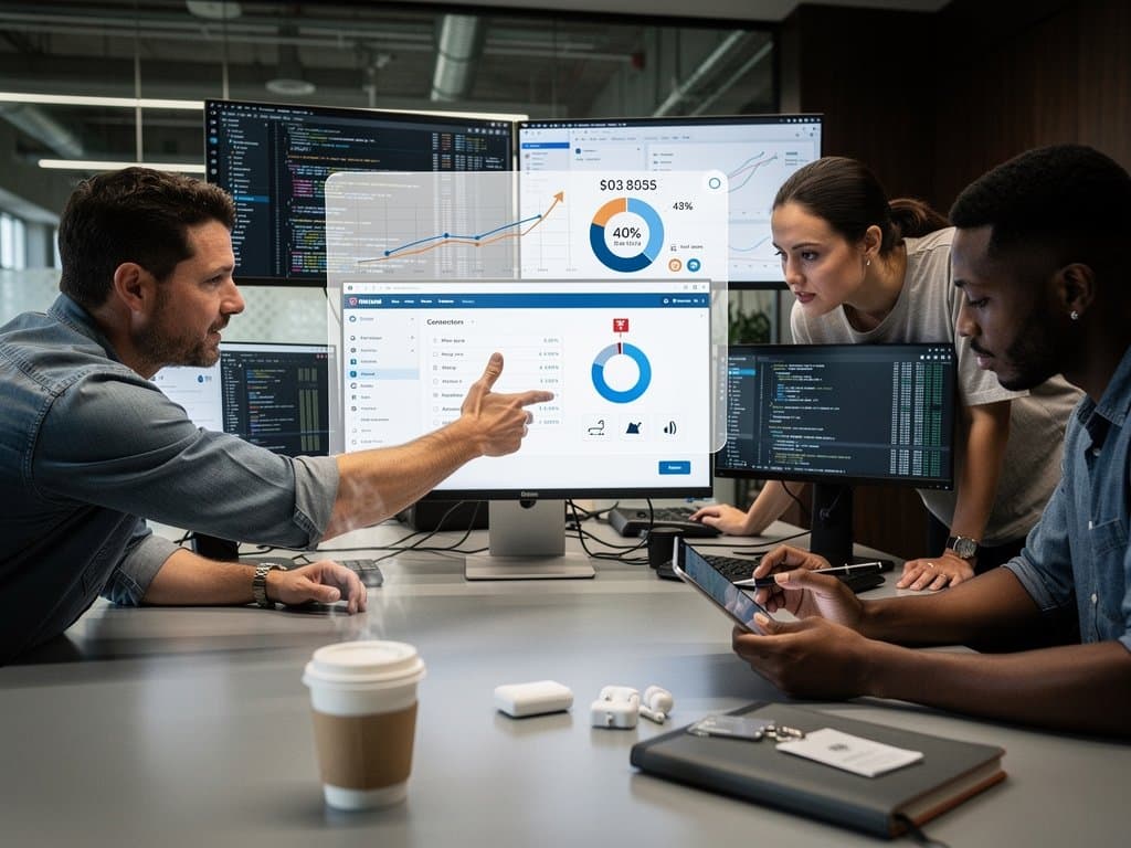 WordPress 7 dashboard with Connector List, Akismet highlighted, financial charts and code in background