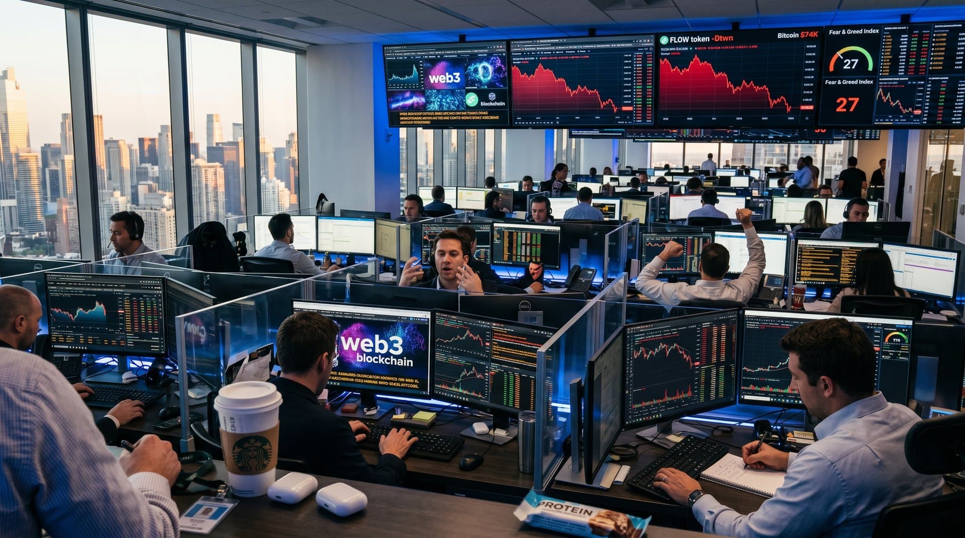 Crypto trading screens showing FLOW charts, Bitcoin at $74K, Fear Index at 27, web3 blockchain visuals and class action alerts