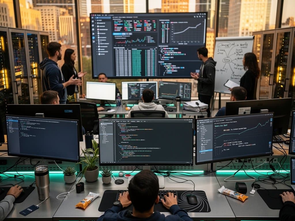 Tech office with large code and crypto charts screen, multiple monitors on desks, modern collaborative setup
