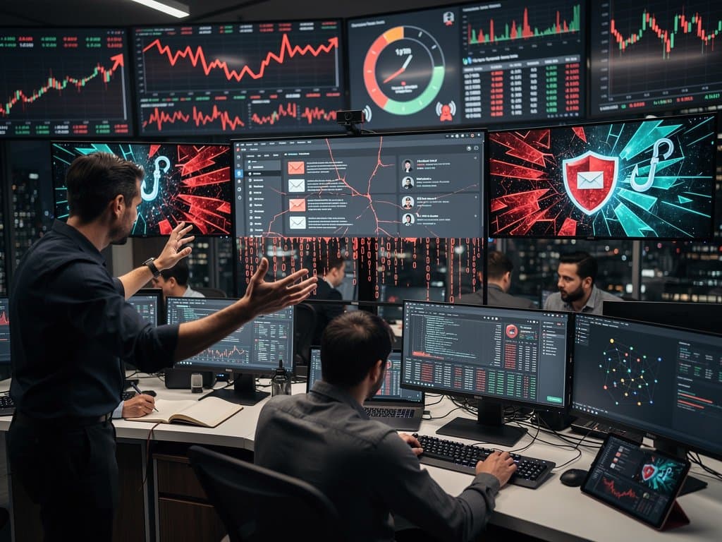 Digital workspace showing Notion public page with exposed editor emails, spam icons, and market downturn charts
