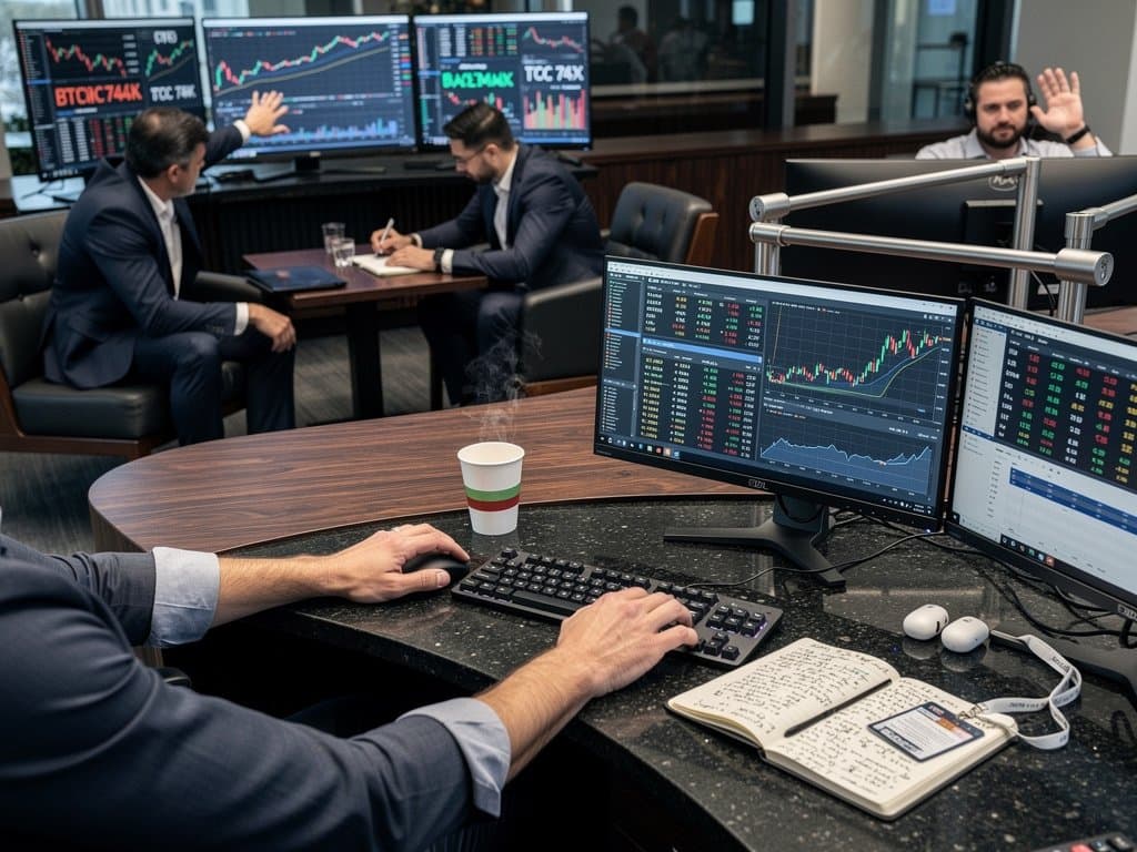 Trading desks with crypto charts on monitors, Notion page open, analysts discussing in modern finance office