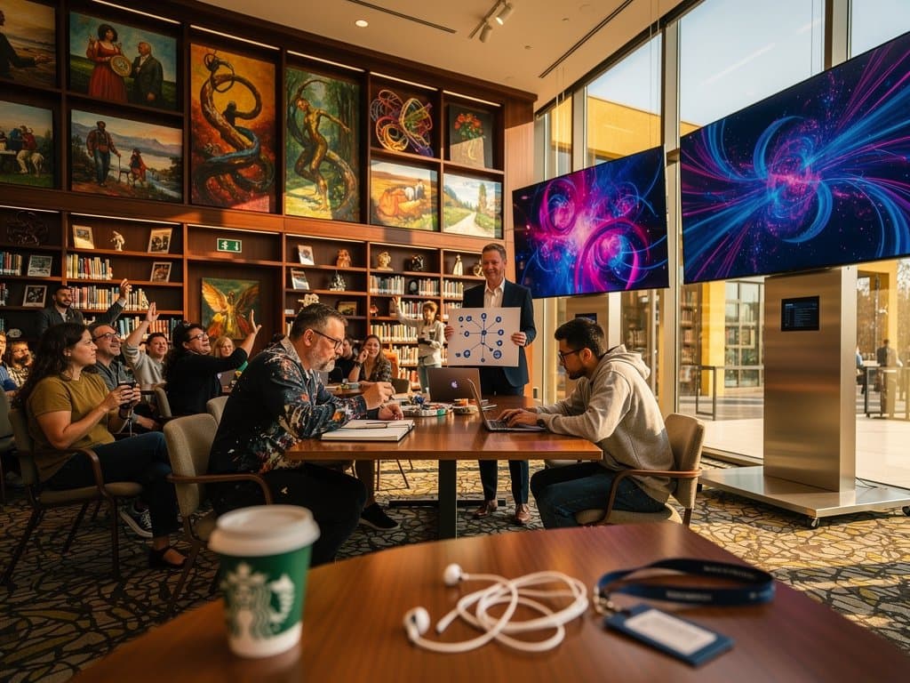 Menlo Park Library scene contrasts human paintings on shelves with AI art on screens around central table of creative tools