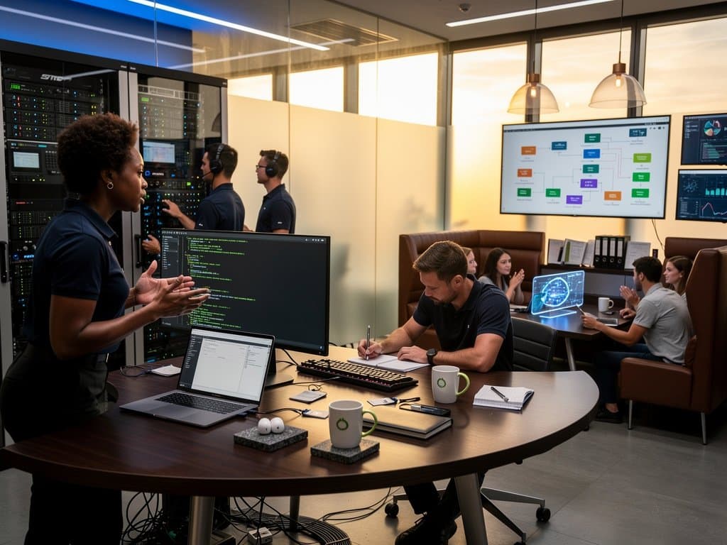 Tech lab with Lisp code on monitors, server racks, cloud architecture touchscreen, and market data terminal