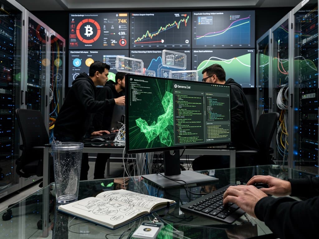 Abstract Lisp Machine revival in cloud environment with green code screens, scaling servers, and BTC chart amid futuristic tech glow