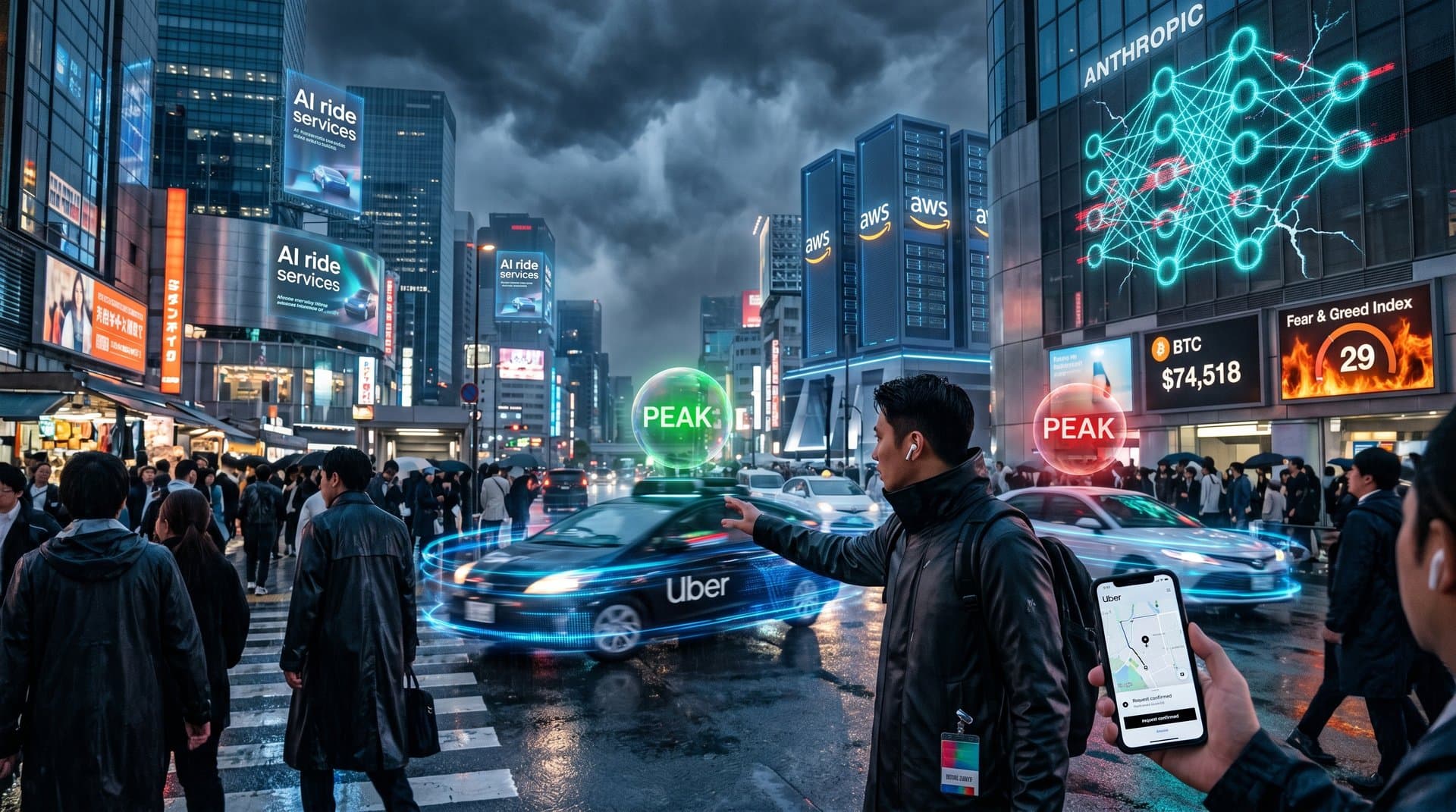 Cyberpunk ride-hailing map with Uber cars, Anthropic AI networks, AWS clouds, and glitch delays in neon blues, reds, and oranges