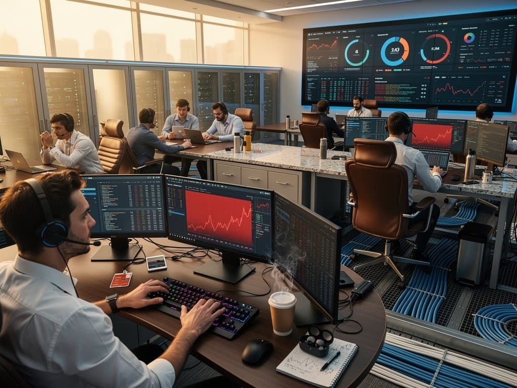 Trading office with desks, monitors showing crypto charts, ChatGPT, blockchain data, and Fear & Greed Index under modern lighting