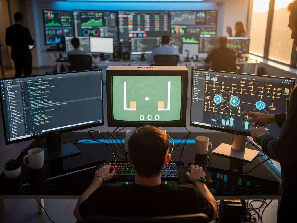 Retro CHIP-8 PONG on 64x32 pixel display with Spectre code, GitHub repo, blockchain diagrams, and market charts on developer desk