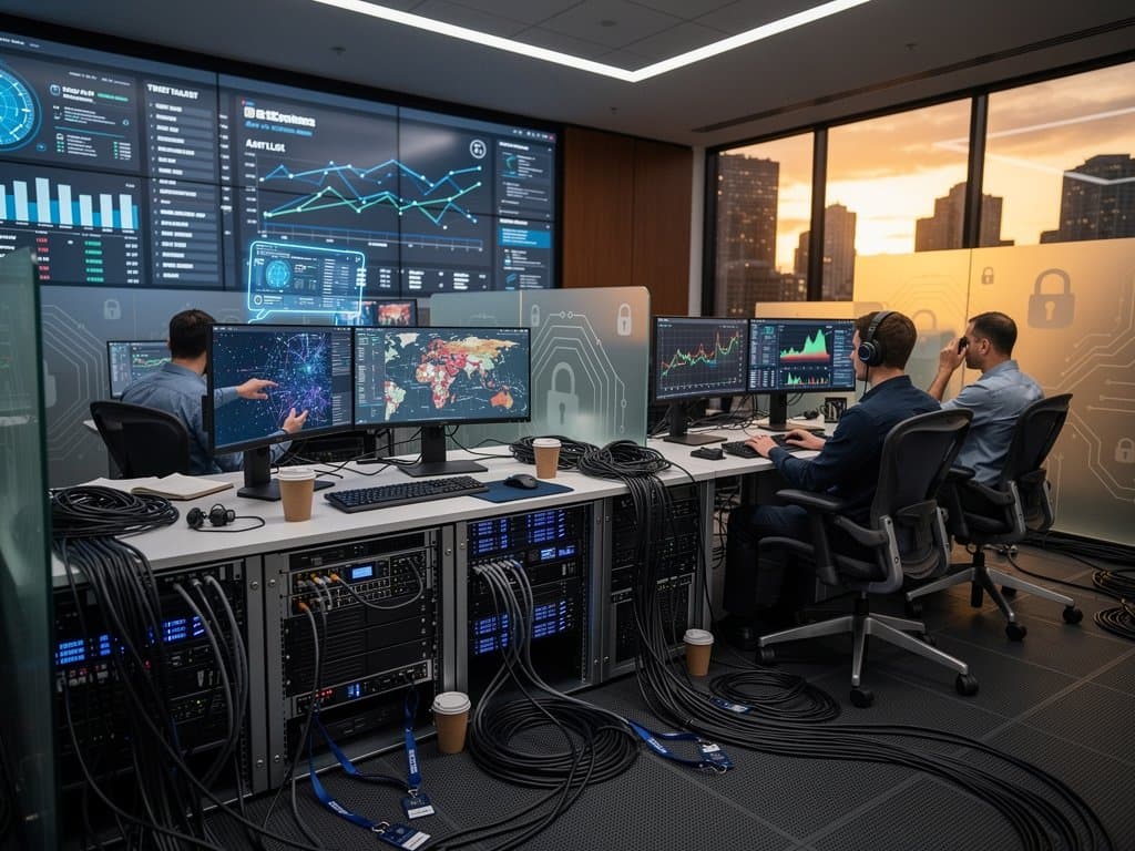 Cybersecurity ops center with server racks, AI threat maps on monitors, crypto tickers, and regulatory alerts on video walls