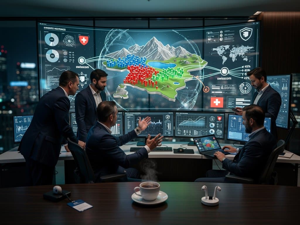 Interactive map of Swiss municipalities email providers with Big Tech dominance visualized over Alps terrain and AI overlays