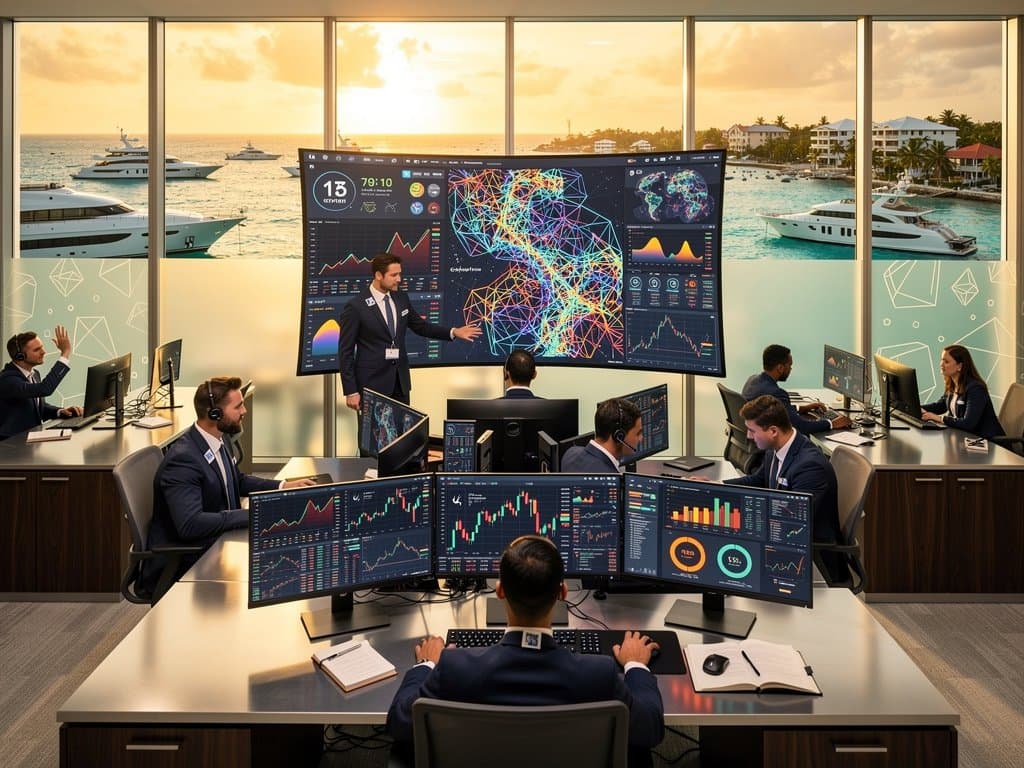 Quant traders analyze AI crypto models in Cayman hedge fund office with harbor views