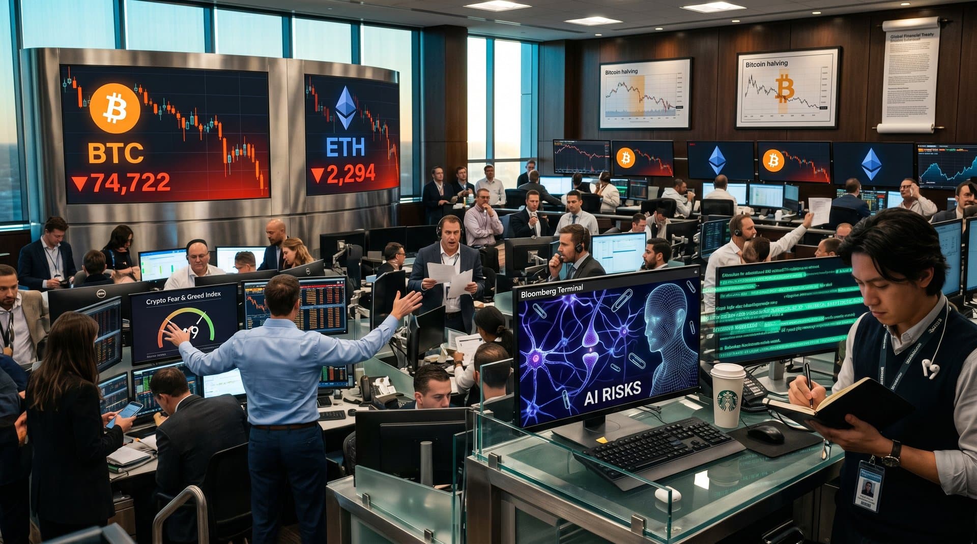 Cryptocurrency charts crashing with AI neural networks and Fear Index at 29 in dramatic red alert style