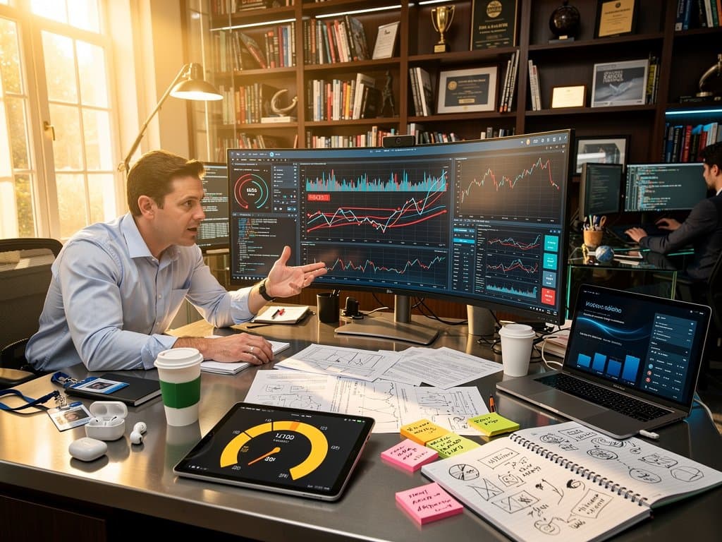 Dartmouth research scene with Anthropic AI model graphs, Fear & Greed Index at 29, and financial charts on desk