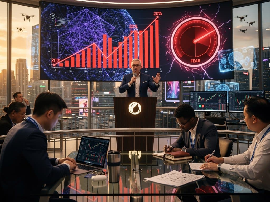 Tech executive on stage with AI and market charts, professional audience at conference tables