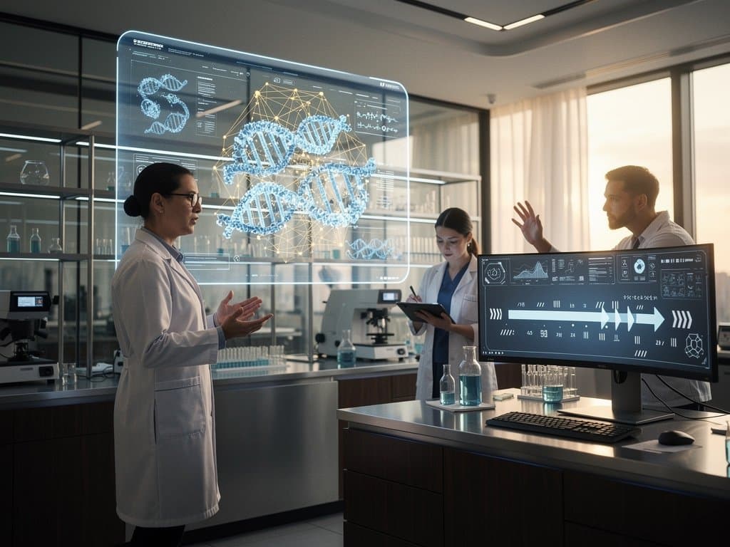 Researchers analyze RNA AI models on ultrawide screens amid server racks and collaborative desks in a modern DeepMind lab