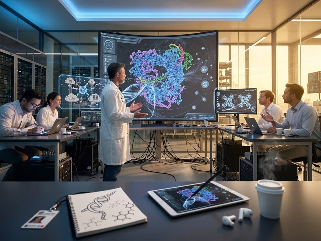 Holographic 3D protein models, neural networks, and cloud AI icons visualizing drug discovery revolution