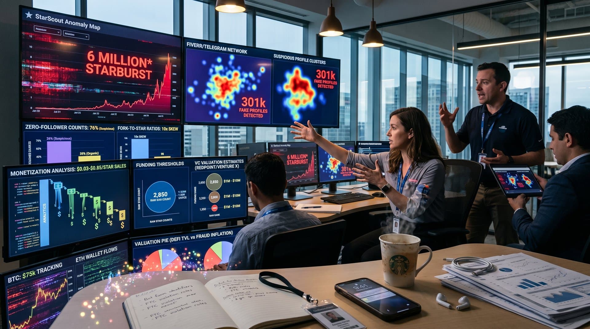 GitHub dashboard highlighting fake star anomalies with graphs of distorted metrics and funding impacts