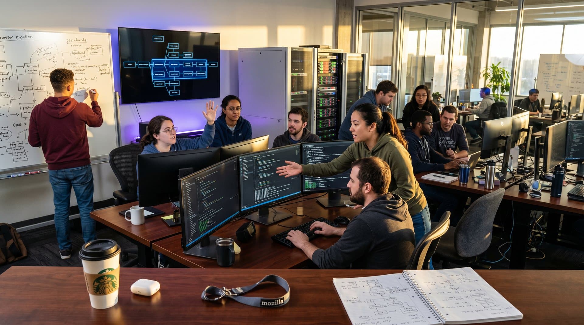 Developers collaborate around multi-monitor desks with Servo code on screens in modern open-source lab