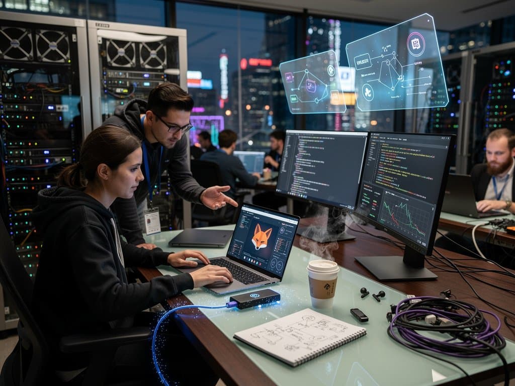 Laptop with Firefox WebUSB extension connecting to USB hardware wallet, code and crypto charts on screens in high-tech setup