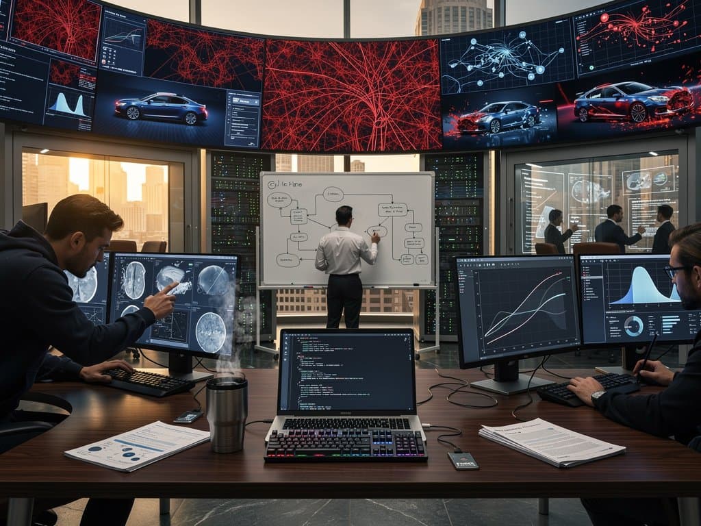 Team analyzes AI liability errors on displays in modern research lab with city views and server racks