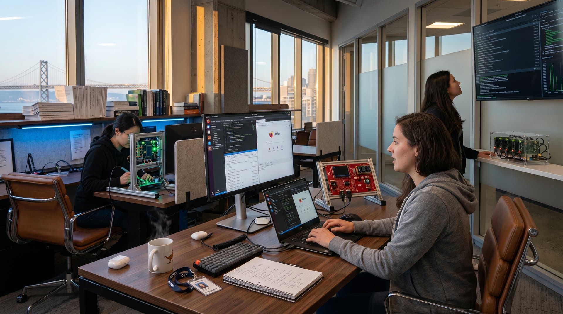 Engineering lab with monitors showing Firefox WebUSB tools, laptops connected to USB prototypes on walnut desks under LED lights