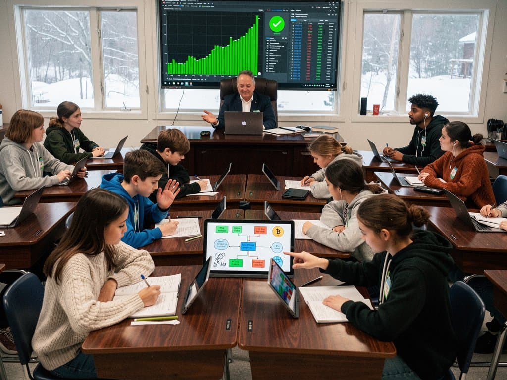 Rural North Country classroom featuring AI lesson plans on chalkboard, laptop with blockchain verification and crypto charts, winter landscape view