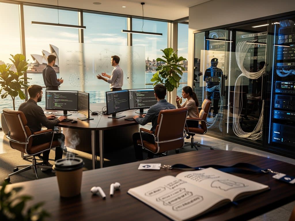 Multi-monitor developer desks with Jira, React code, and Confluence in modern Atlassian office overlooking Sydney Harbour