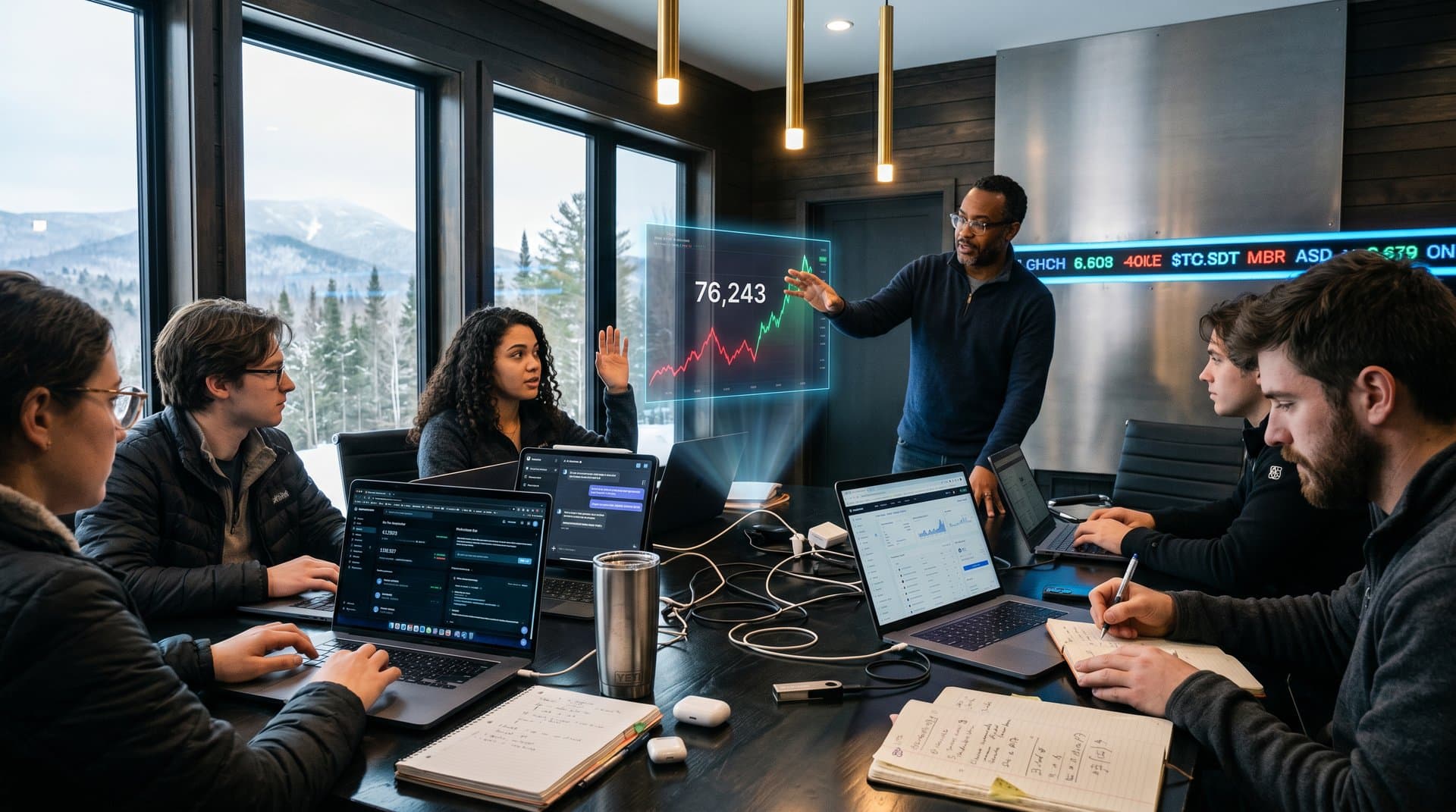 Rural North Country classroom with AI and blockchain edtech tools, Bitcoin charts, and snowy mountain view amid innovation