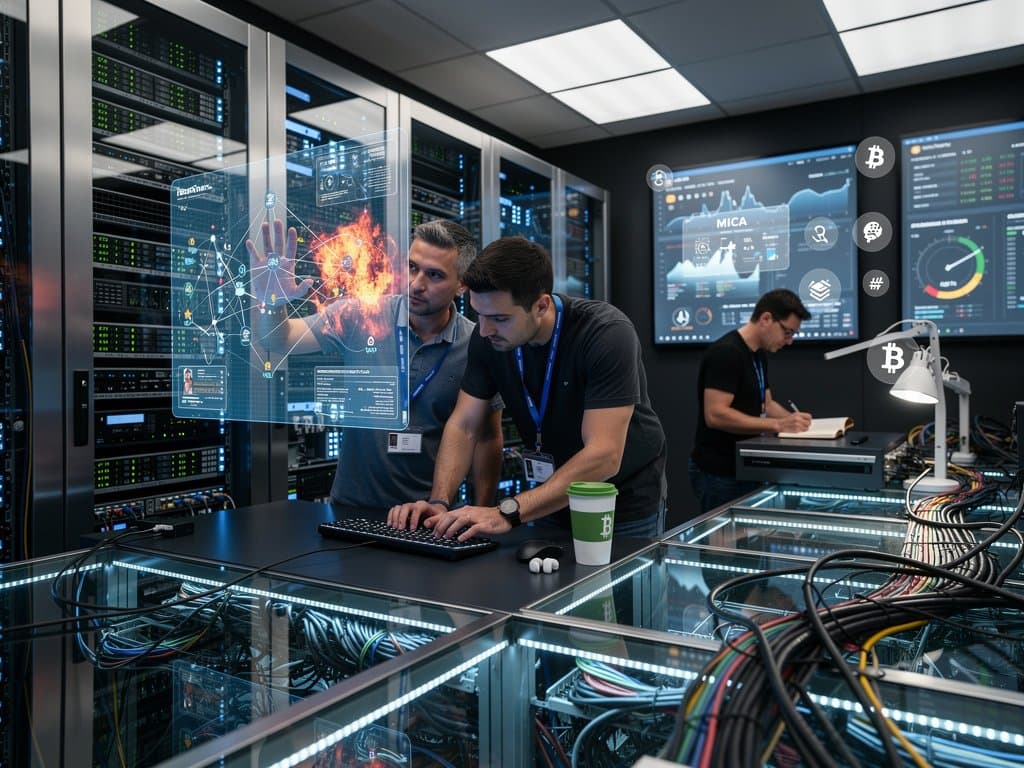 Futuristic data center visualizing Cryptomus risk profile with blockchain graphs and illicit flow heatmaps