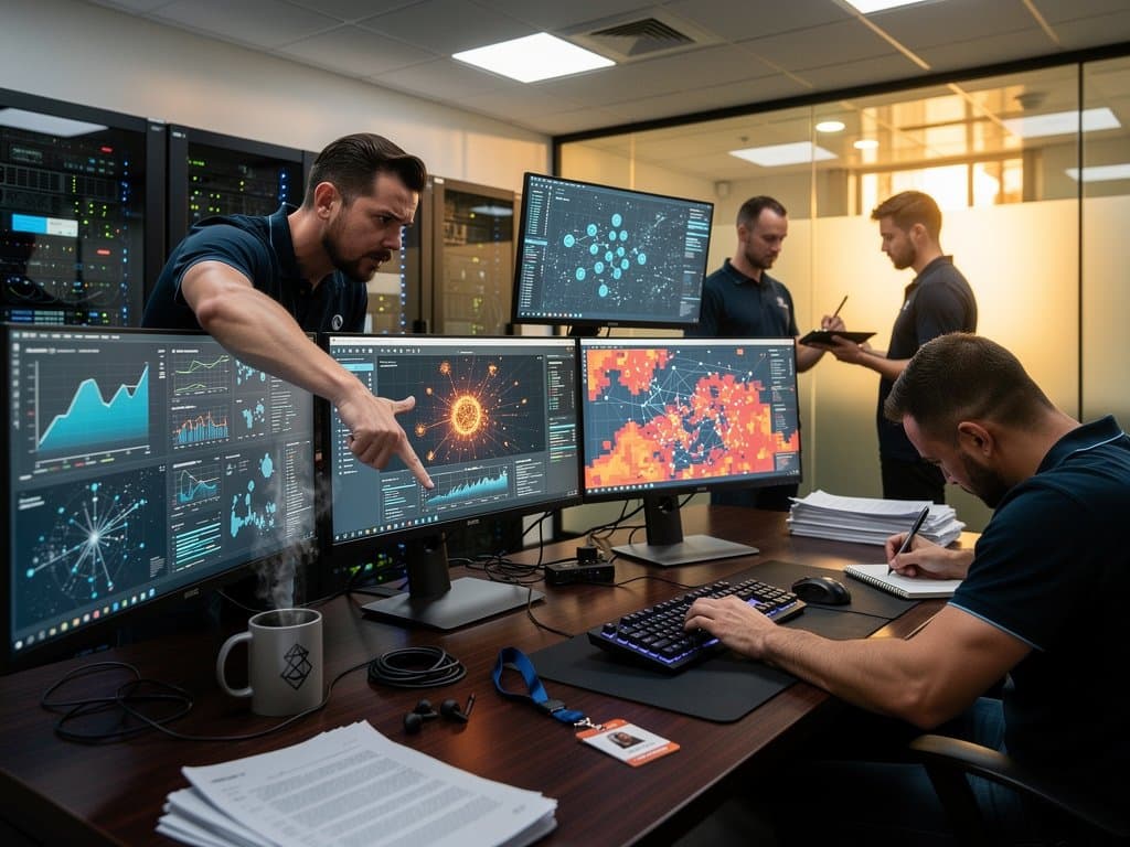 Blockchain risk heatmaps and transaction graphs on monitors in secure analytics center