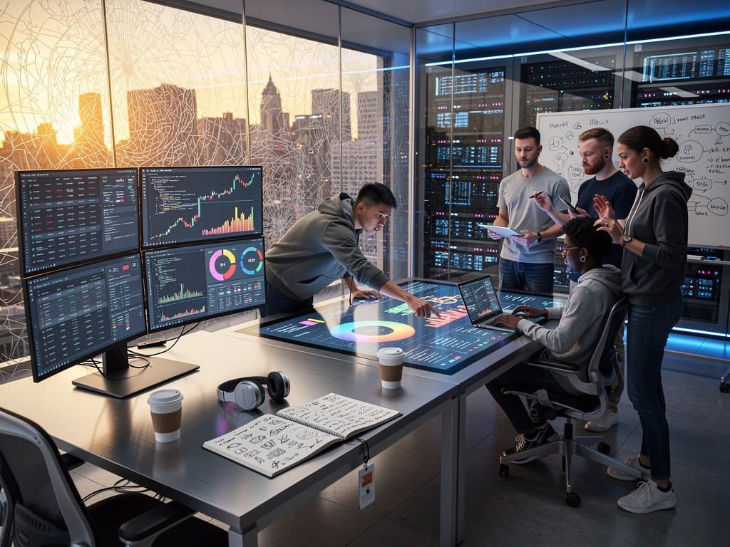 AI startup team analyzing viral news predictions and crypto charts on multi-monitors in modern office with data visualizations and trend graphs
