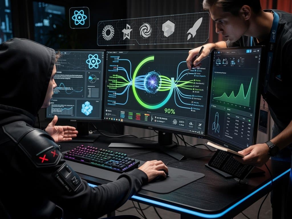 Holographic octopus merge visualization with code branches and 90% efficiency graphs in dark-mode dev setup