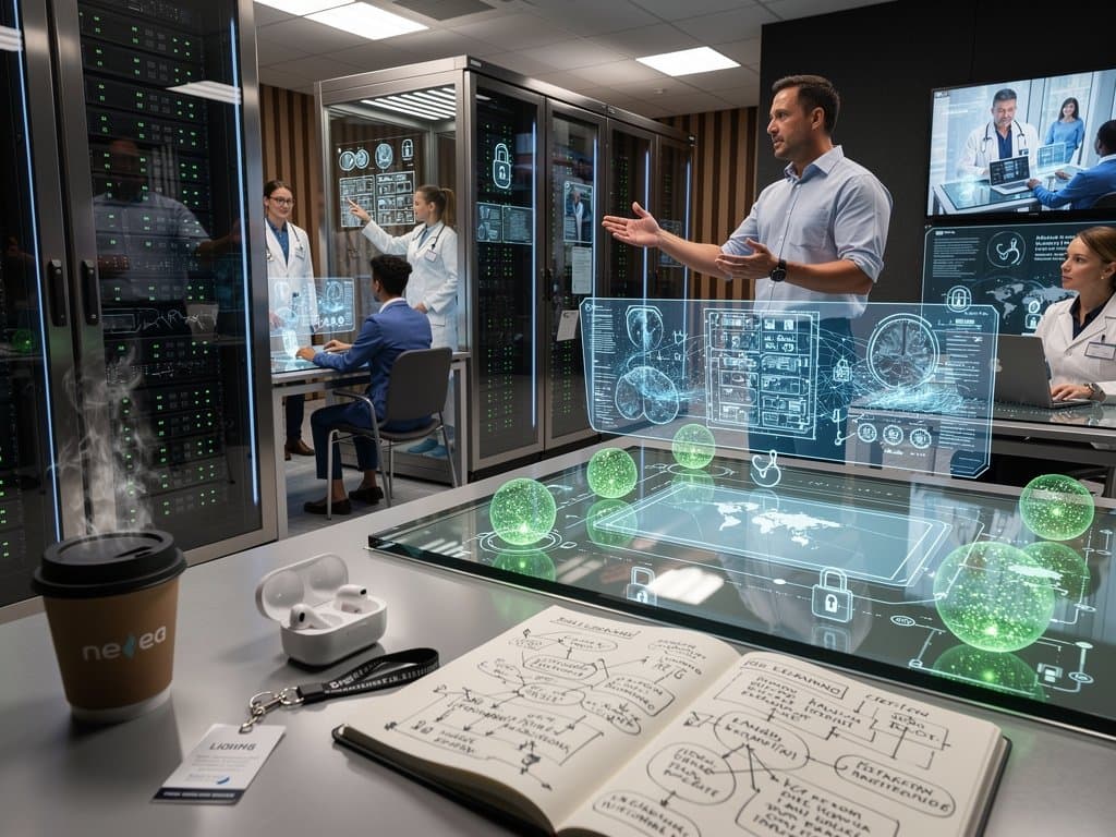 Holographic ethical AI blueprint over cloud servers and medical data streams in healthcare innovation scene