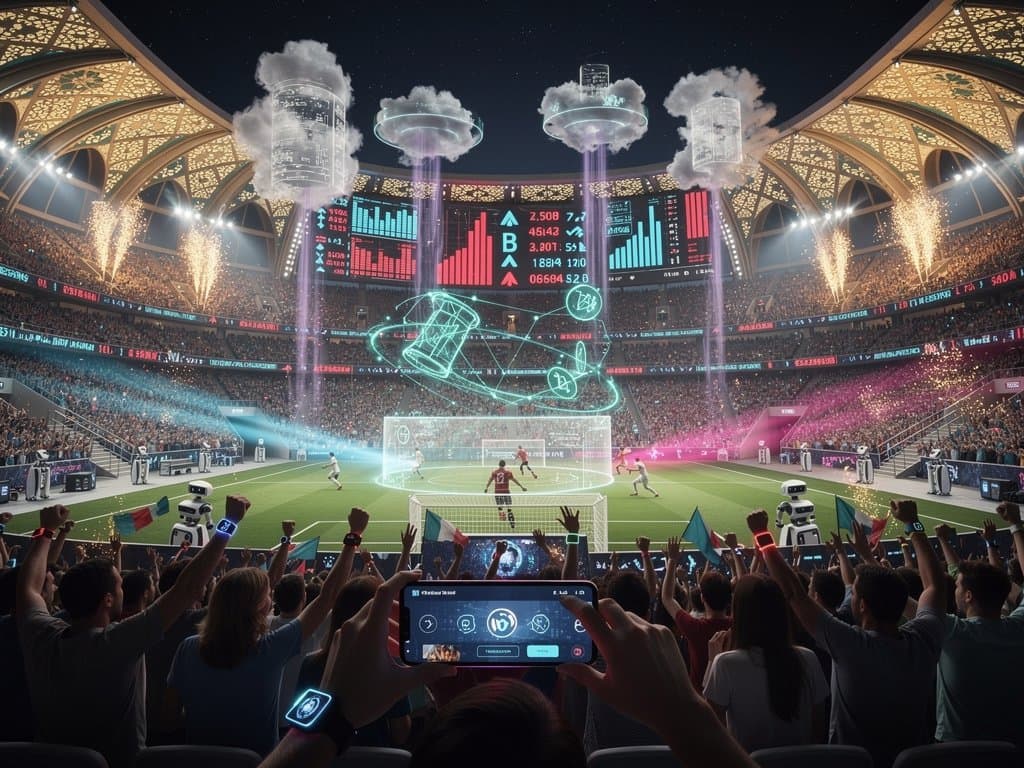 Holographic fan tokens over 2026 World Cup stadium with blockchain and cloud visuals