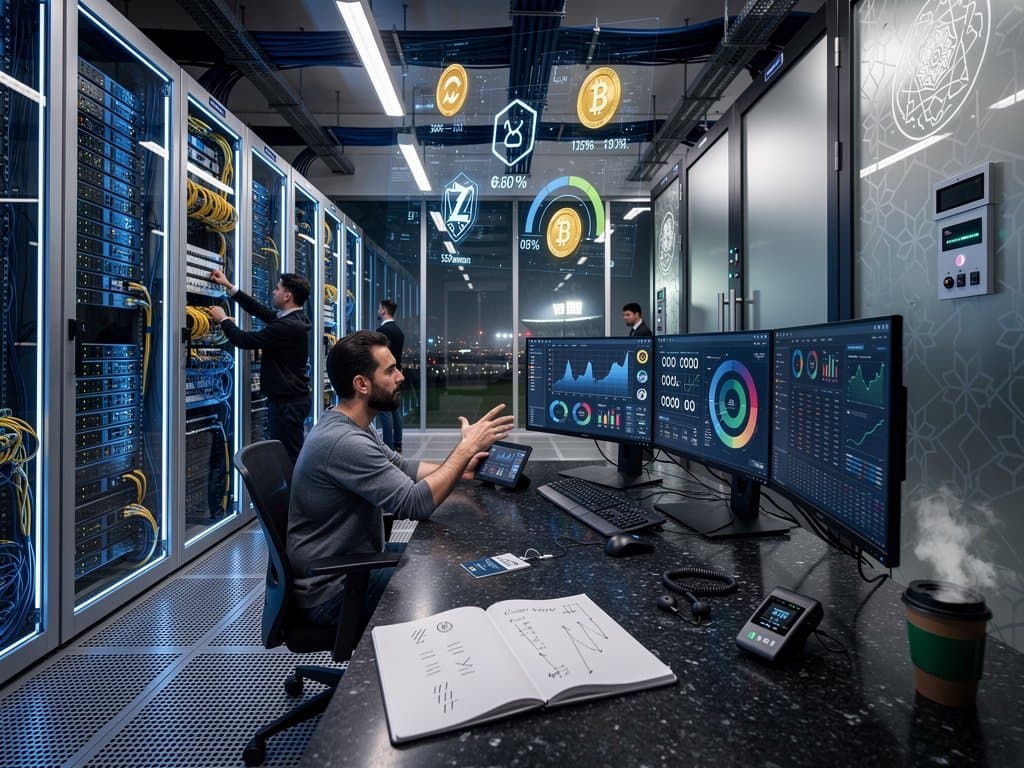 Server racks and workstations in Tier IV cloud data center running blockchain nodes for crypto transactions