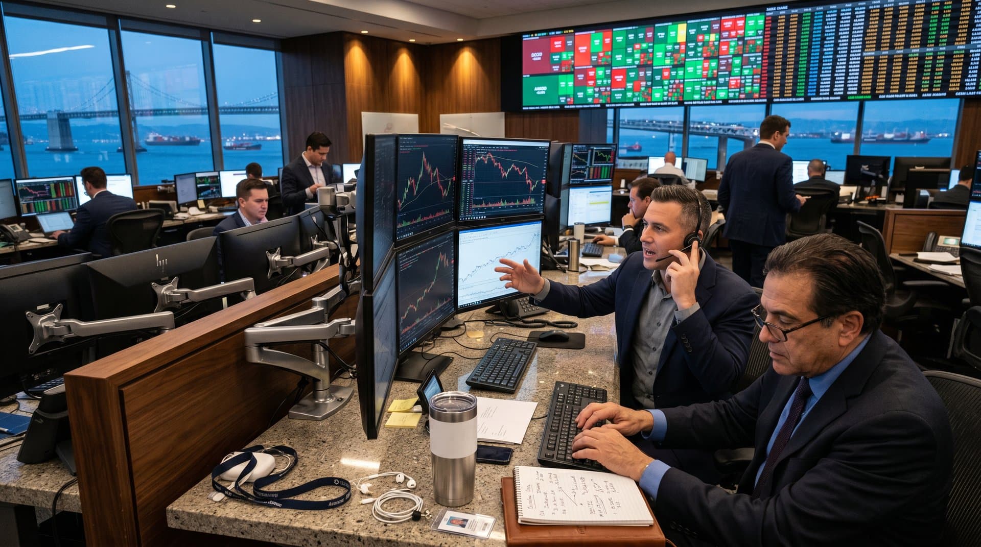 Charles Schwab trading screens display crypto volatility, Fear & Greed Index at 33, Bitcoin at $75,911 vs stable S&P 500 charts in professional office setting