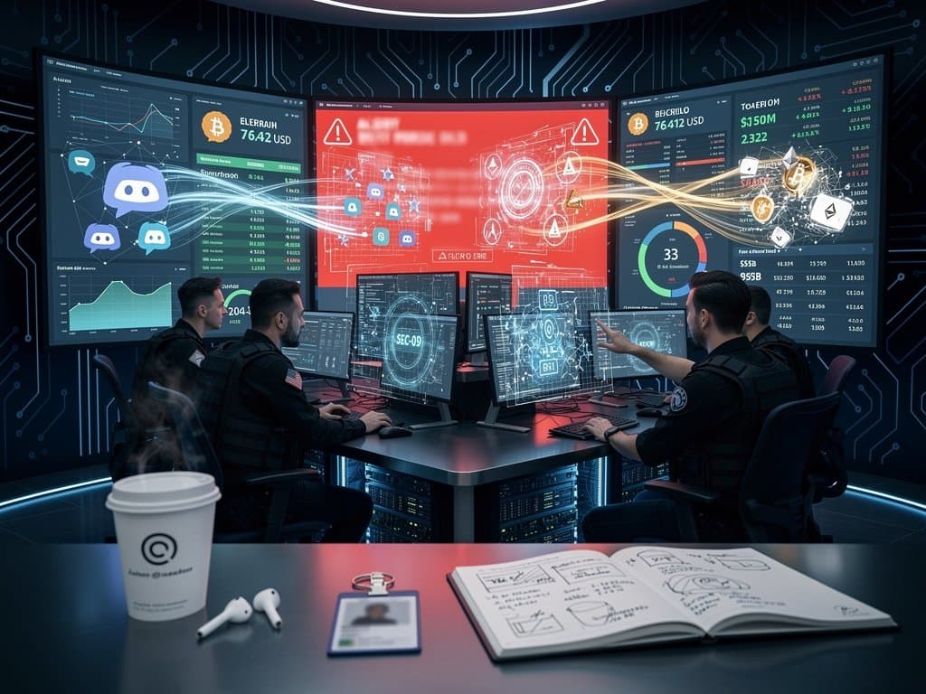 Cybersecurity command center tracking Scattered Spider crypto threats with live market charts and security dashboards
