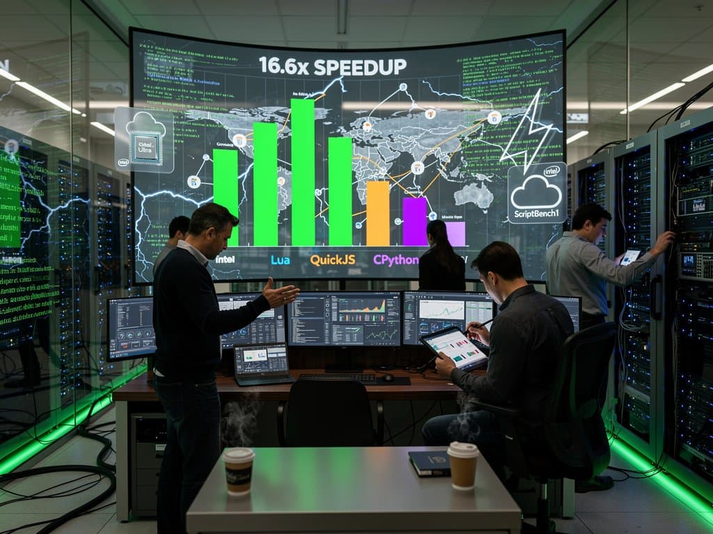 Benchmark graphs showing 16.6x speedup for Zef dynamic language interpreter over competitors amid web and cloud icons in cyberpunk style