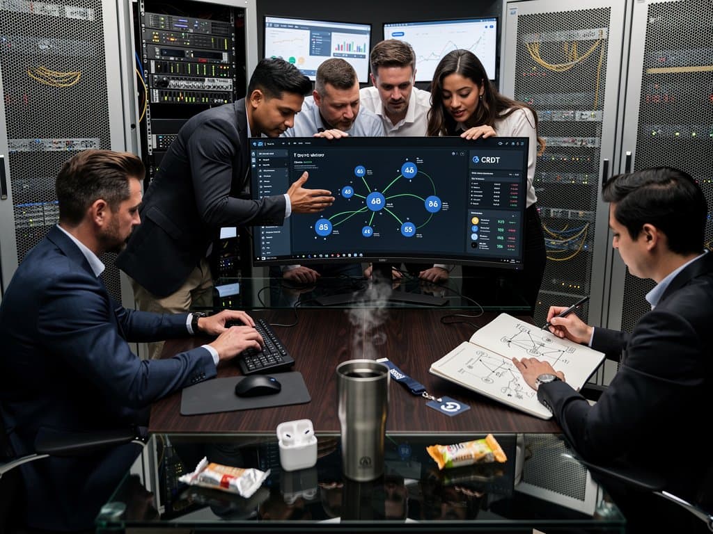 Dynamic CRDT graph database interface showing realtime stars update from 0 to 99 and crypto finance dashboards on multi-monitor setup