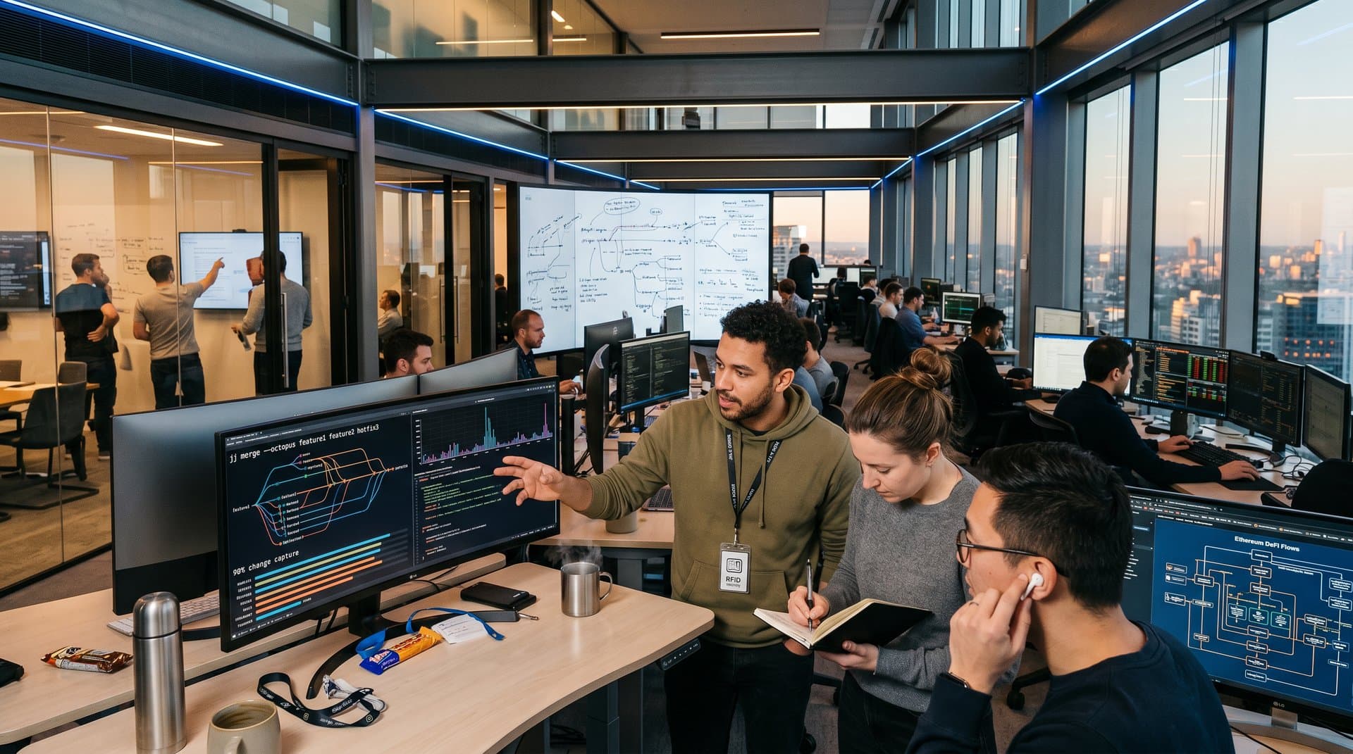 Software engineers collaborating on Jujutsu megamerges and version control in a modern fintech office with code displays, diagrams, and market charts